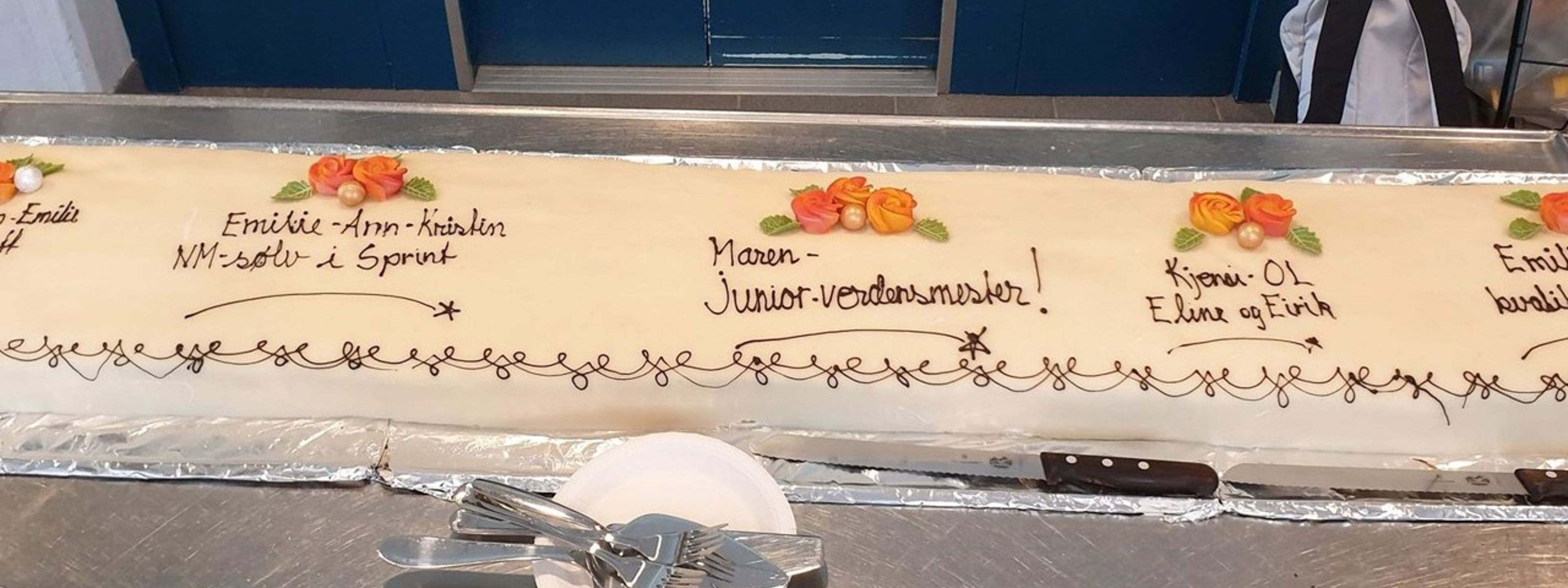 Kjempelang kake til feiring av flotte elevprestasjonar. Foto: Stryn vgs