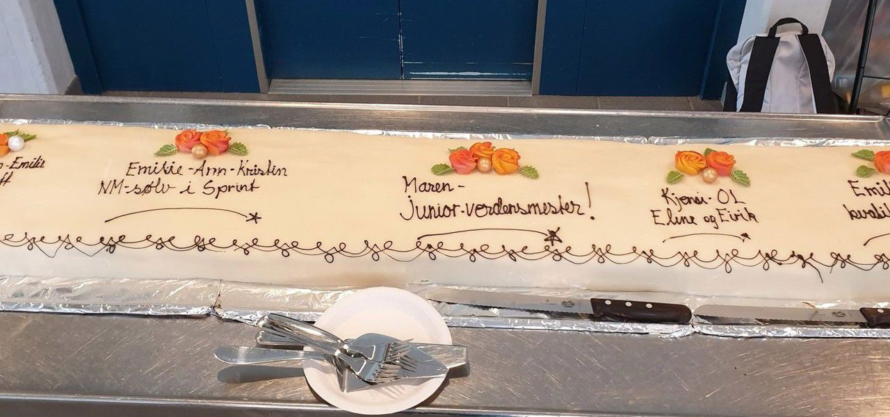 Kjempelang kake til feiring av flotte elevprestasjonar. Foto: Stryn vgs